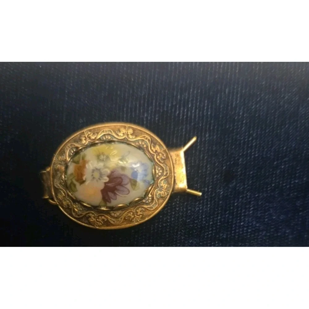 Pair Vintage Floral Porcelain Hair Clips Colorful Flowers Oval Goldtone Setting